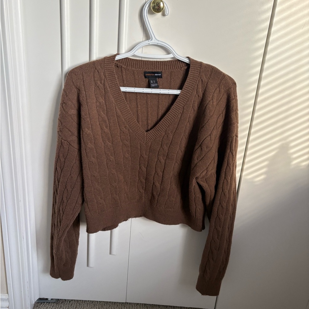 Ambiance Brown V-Neck Cable Knit Sweater